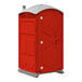 A red portable restroom with a white plastic covering.