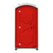 A red portable toilet with a white door.