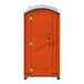 An orange J & J Echo One portable restroom with an open door.