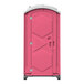 A pink J & J portable restroom on wheels with a white roof and door.