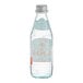 A close-up of a Acqua Panna Natural Spring Water 250 mL glass bottle with a silver cap.