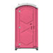 A pink portable restroom with a white roof and door.