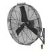 A black Big Ass Fans wall-mounted fan with metal blades.