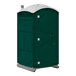 A green portable toilet with a white cover.