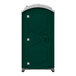 A forest green J & J portable restroom with a door.