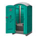 A blue and white J & J Echo One portable restroom with the door open.