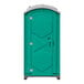 A green J & J portable restroom with a green door.