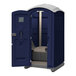 A navy blue J & J Echo One portable restroom with a white door.