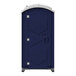 A navy blue J & J Echo One portable restroom with a white door.