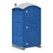 A J & J Echo One Royal Blue portable toilet with a white roof.