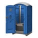 A blue J & J portable restroom with the door open.