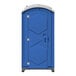 A blue J & J portable restroom with a white door.