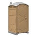 A brown plastic portable toilet with a white lid.