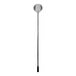 A long silver metal pizza peel with a black handle.