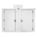 A white freezer with steel doors and metal handles.