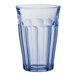 A close up of a blue Duralex Picardie highball glass with a ribbed rim.