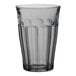 A clear glass with a ribbed rim.