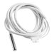 A close-up of a white cable with a metal rod.