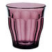 A Duralex Picardie purple glass tumbler with a black rim.
