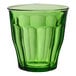 A green Duralex Picardie glass tumbler on a white background.