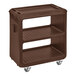 A dark brown Cambro beverage service cart with 4 swivel casters.