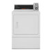 A white Speed Queen front load gas powered commercial dryer with rear control.