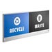 A white Lancaster Table & Seating steel panel with blue and black recycle signs.