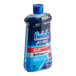 A blue and red plastic bottle of Finish Jet Dry dishwasher rinse aid with white text and a blue cap.
