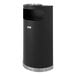 A black cylindrical Suncast waste receptacle with a silver lid.