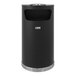 A black cylindrical Suncast waste receptacle with a white lid.