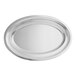 An oval silver stainless steel serving platter with a round edge.