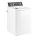 A white Speed Queen top load washer with a white door.