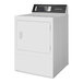 A white Speed Queen front load electric dryer with rear control panel and door open.