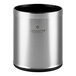 A silver stainless steel Lancaster Table & Seating wastebasket with a black open top.