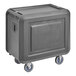 A grey plastic Cambro service cart with closed sides and wheels.