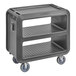 A charcoal gray Cambro 3-shelf service cart with wheels.