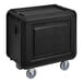 A black Cambro service cart with closed sides on wheels.