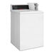 A white Speed Queen commercial top load washer with a white top and black screen.