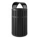 A black Suncast outdoor trash can with a canopy lid.