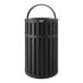 A black Suncast outdoor trash can with a canopy lid.