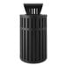 A black Suncast outdoor trash can with a canopy lid.
