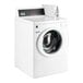 A white Speed Queen commercial front load washer with a screen on top.