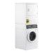 A stack of white Speed Queen front load electric washer and dryer machines.