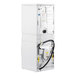 A white Speed Queen stacked front load electric washer and dryer.