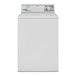 A white rectangular Speed Queen top load commercial washer with a black handle.