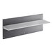 A grey metal tray shelf with a white strip on top.
