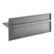 A grey metal shelf with two metal brackets and screws with holes.