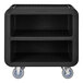 A black plastic Cambro service cart with 4 swivel casters.