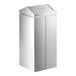 A silver stainless steel square trash can with a push door swing lid.