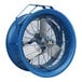 A large blue Patterson industrial fan with a metal blade and white label.